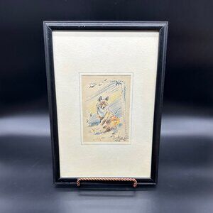 Antique Ink Colored Pencil Drawing Fox Wooden Frame Signed Original Artwork 1906